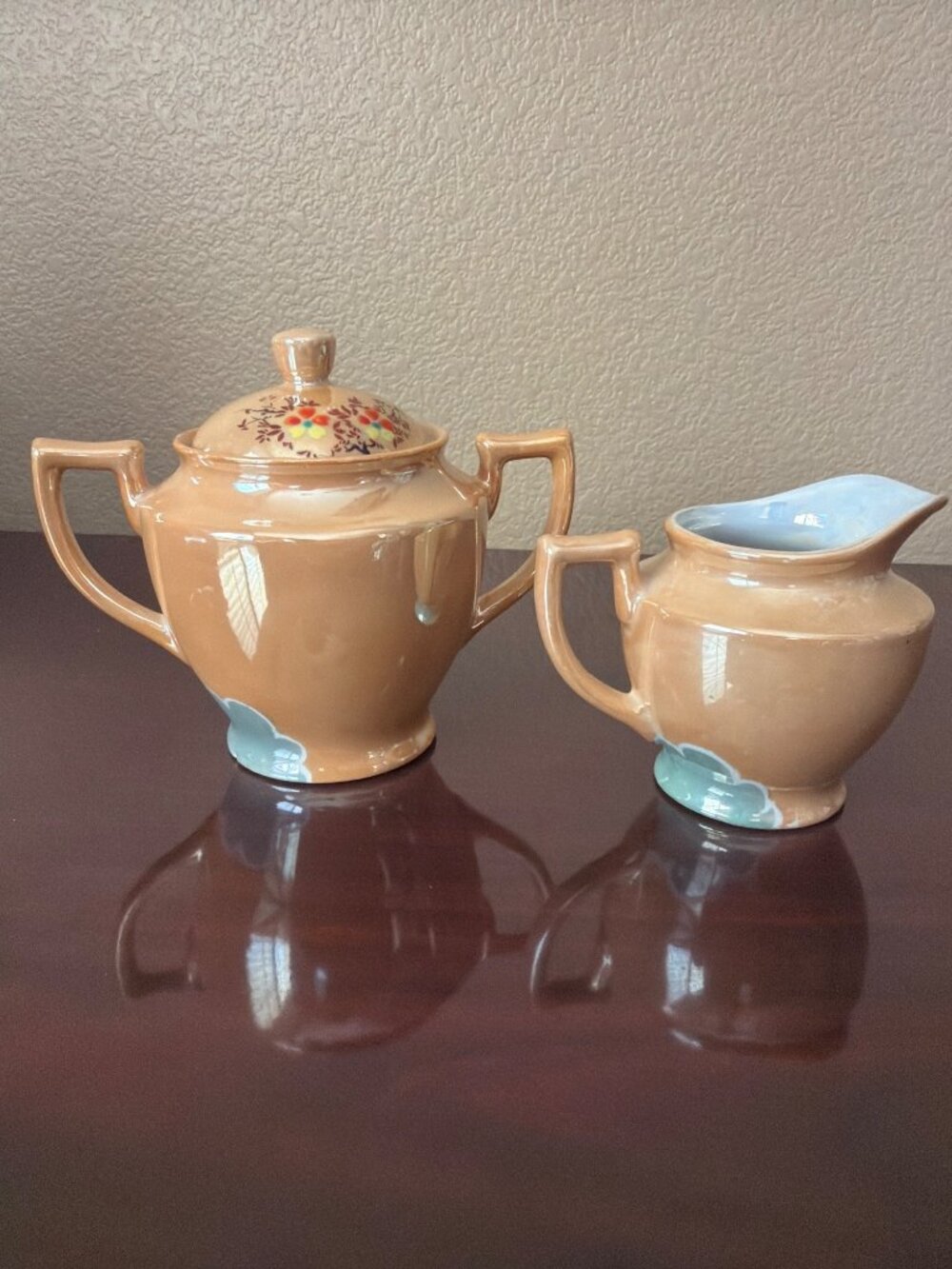 Vintage Hand Painted Japanese Peach Lusterware Sugar Bowl & Creamer Set Bluebird - Picture 6 of 12
